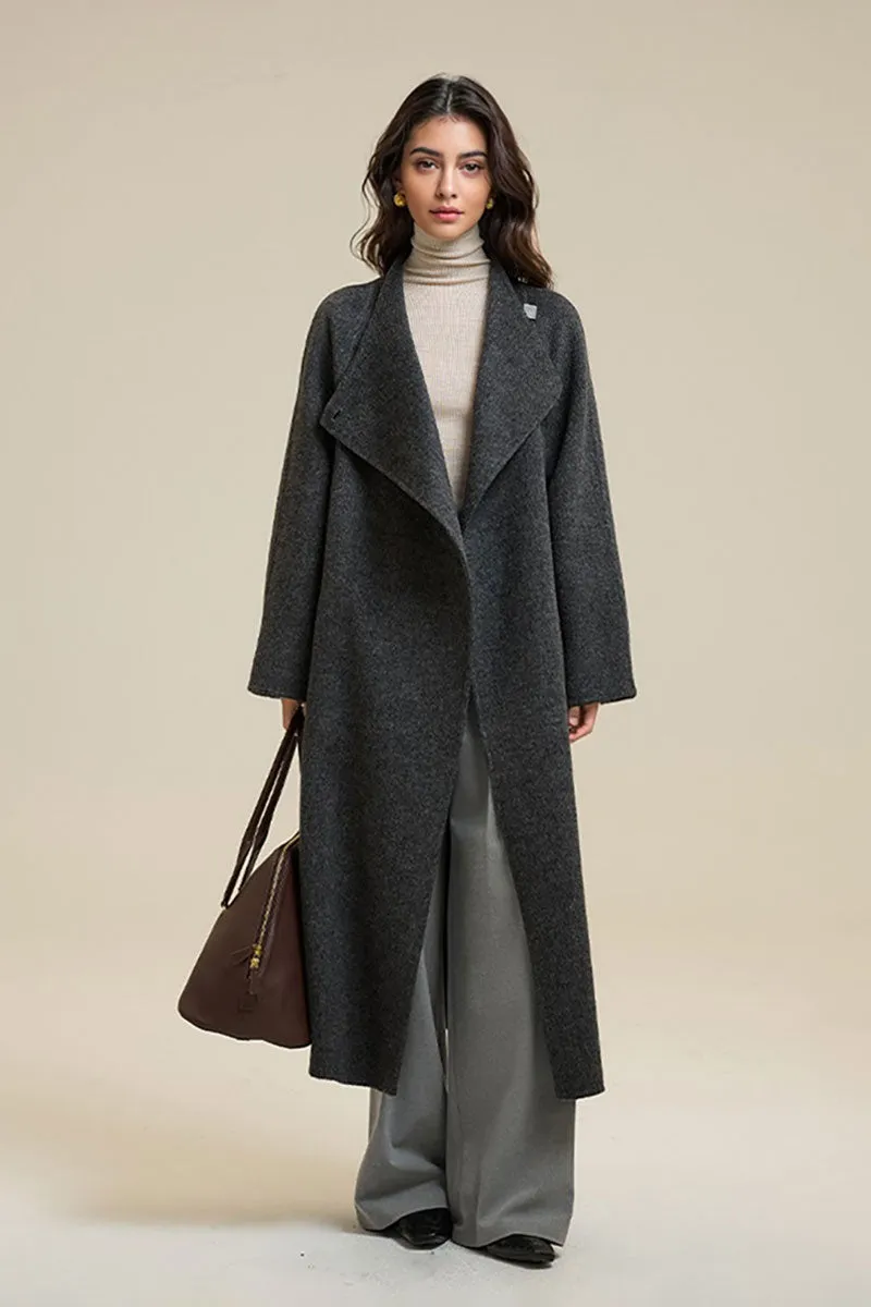 One-Button Double Faced Wool Wrap Coat with Belt