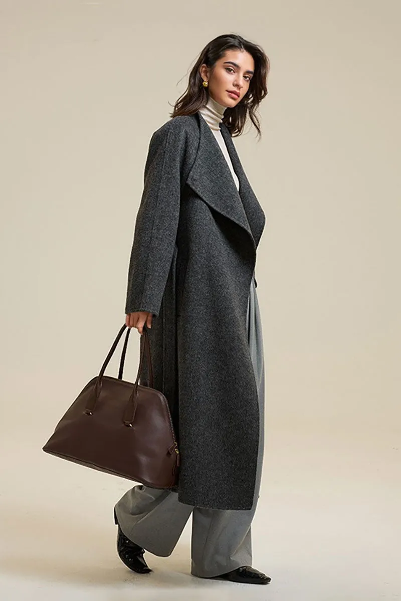 One-Button Double Faced Wool Wrap Coat with Belt