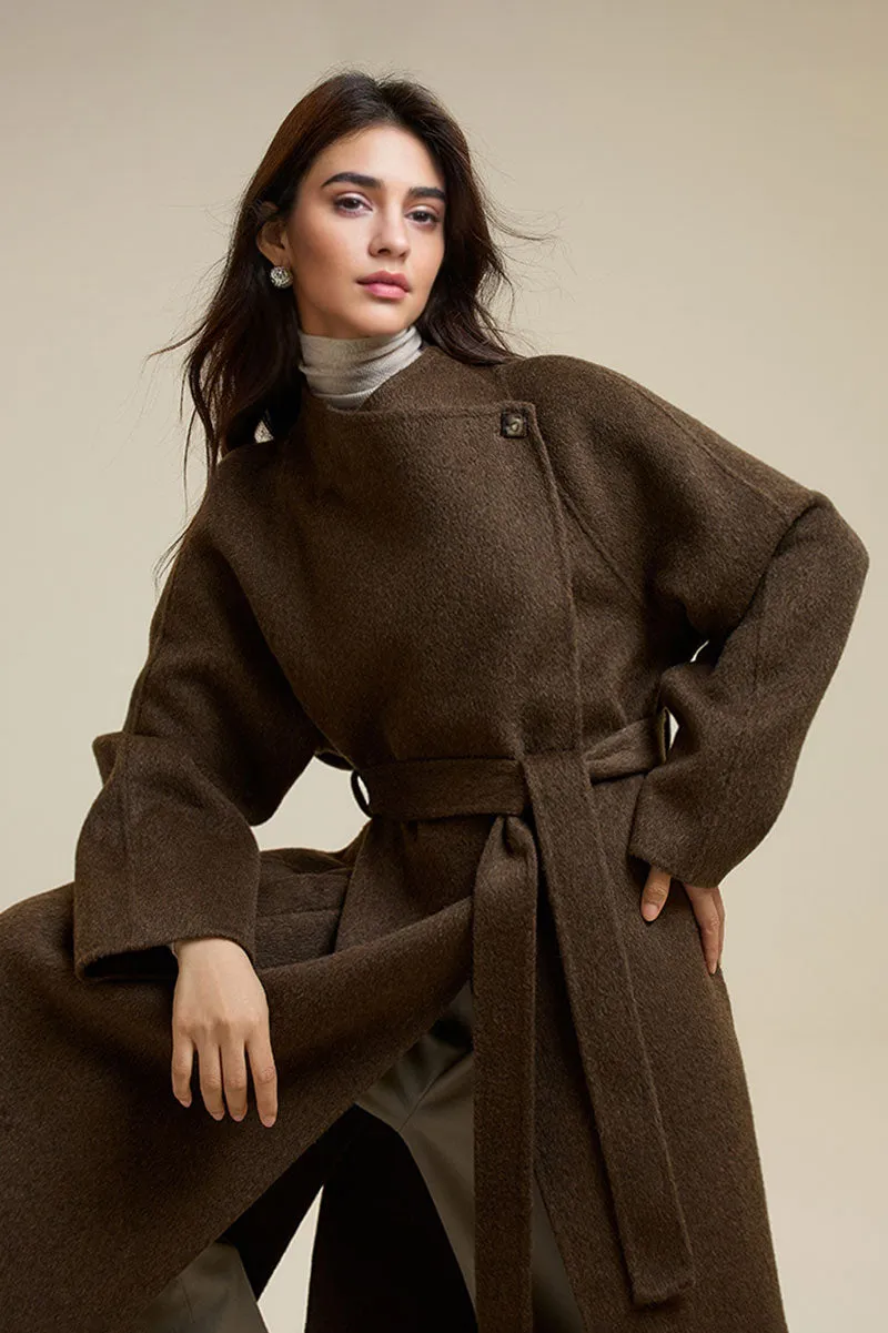 One-Button Double Faced Wool Wrap Coat with Belt