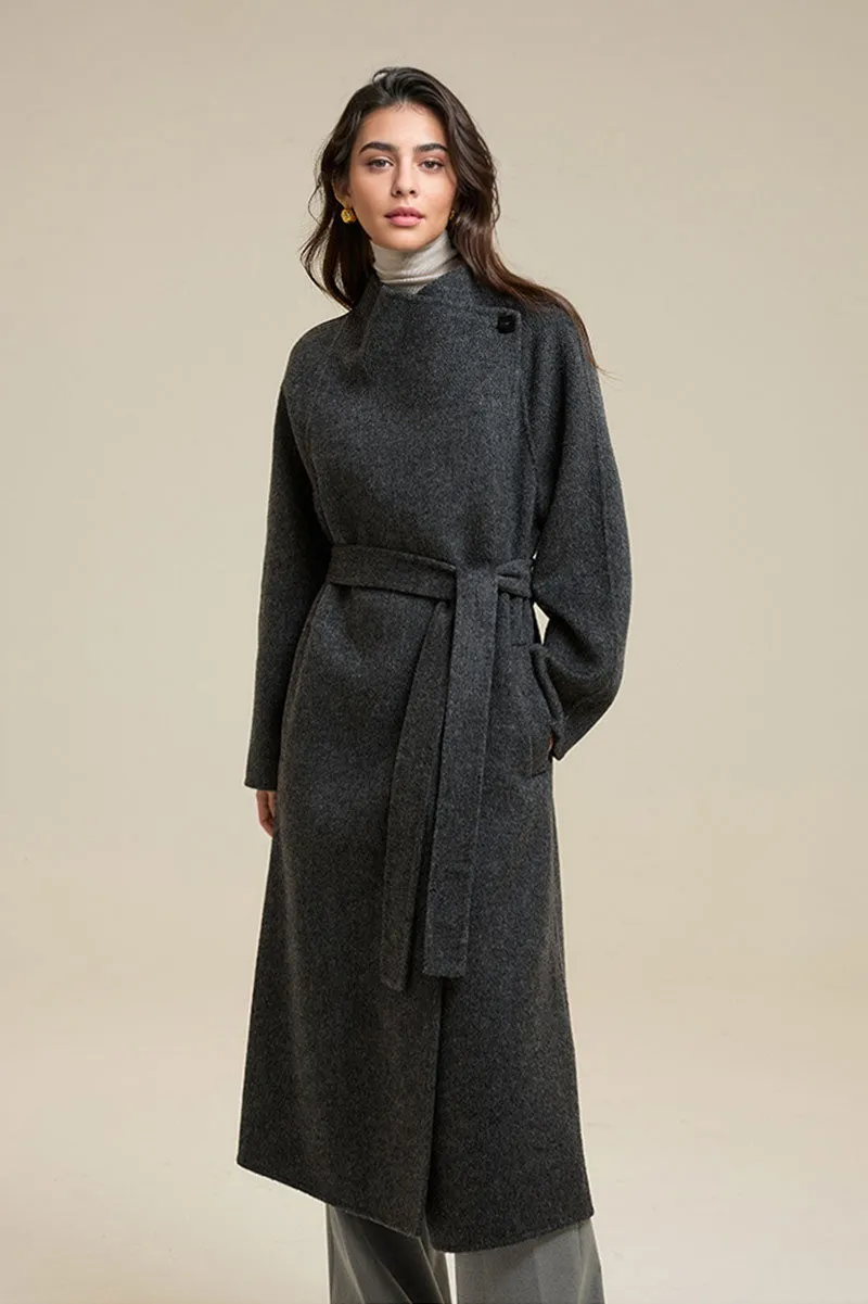 One-Button Double Faced Wool Wrap Coat with Belt