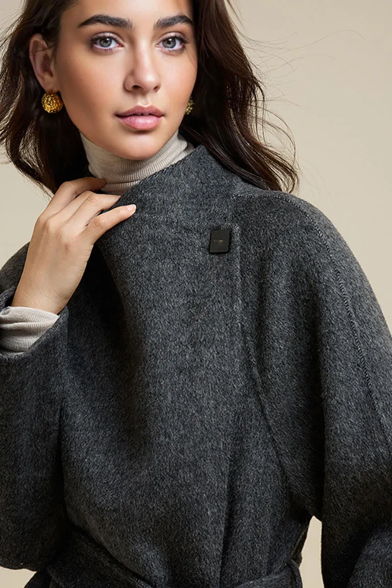 One-Button Double Faced Wool Wrap Coat with Belt