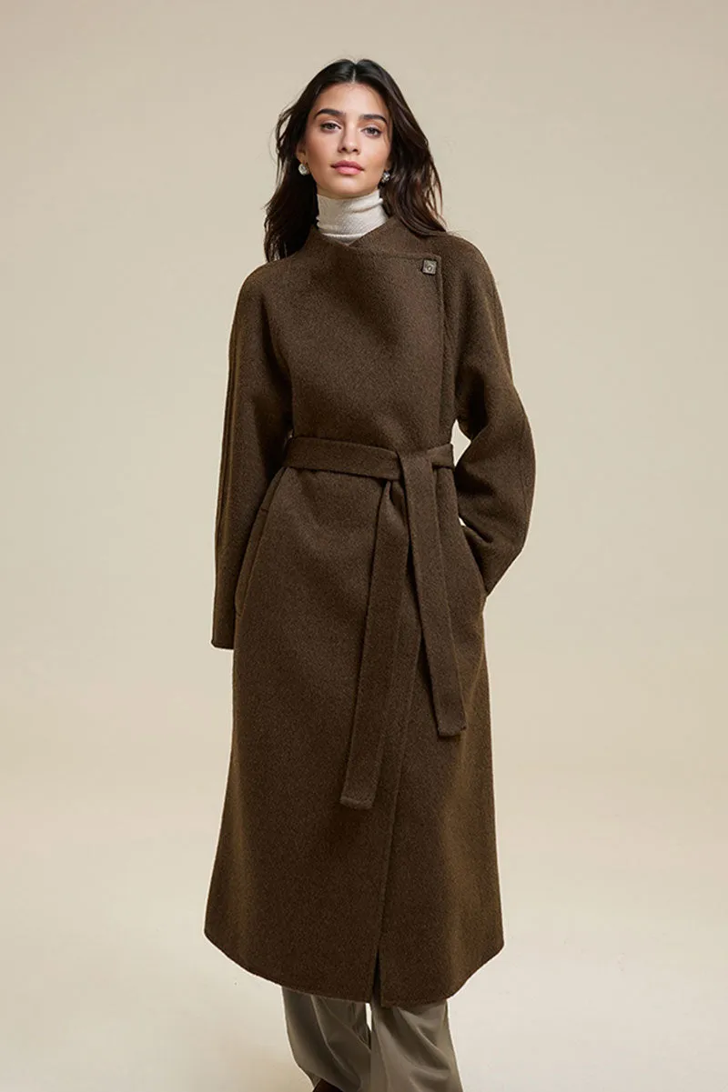 One-Button Double Faced Wool Wrap Coat with Belt