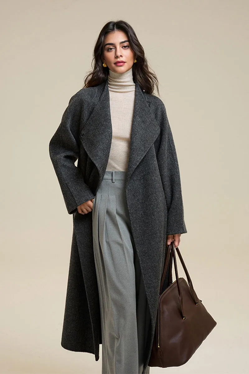 One-Button Double Faced Wool Wrap Coat with Belt