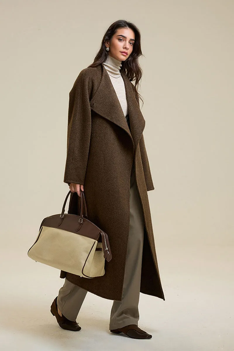 One-Button Double Faced Wool Wrap Coat with Belt