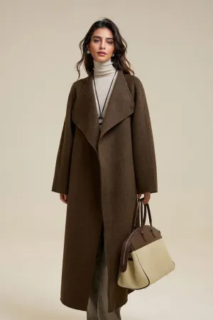 One-Button Double Faced Wool Wrap Coat with Belt