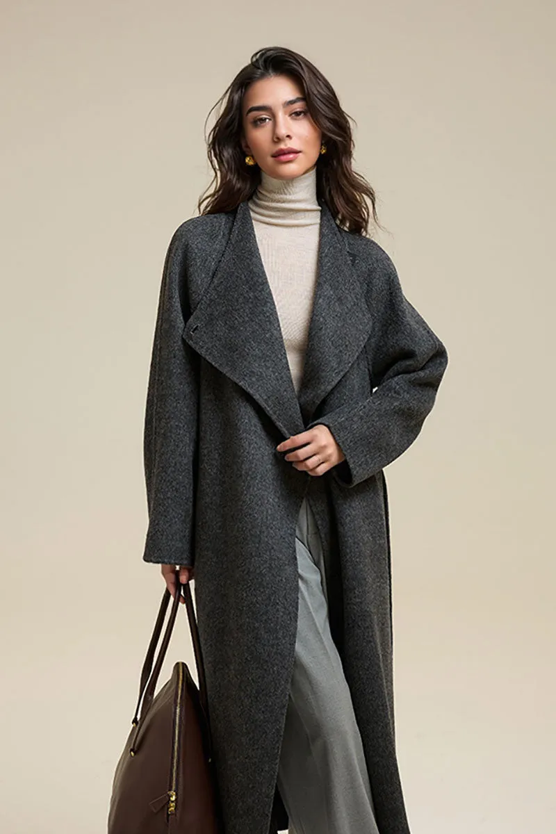 One-Button Double Faced Wool Wrap Coat with Belt