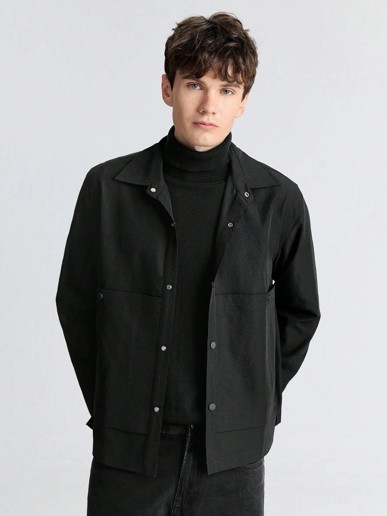 Ontre Men's Black Loose Solid Color Front Buttons Long Sleeve Pocket Simple Casual Jacket Coat, Versatile For New Year, Holidays, Casual Wear