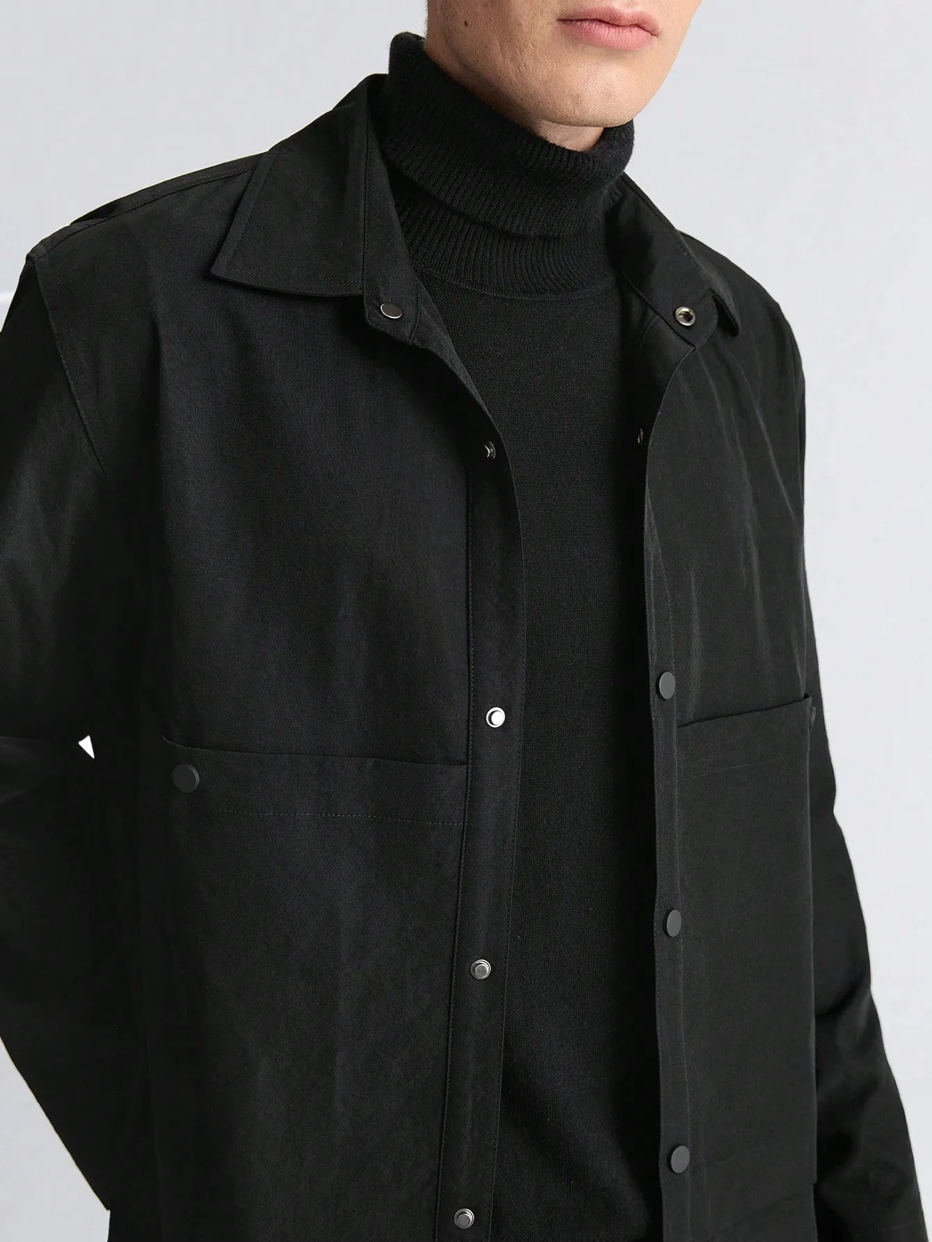 Ontre Men's Black Loose Solid Color Front Buttons Long Sleeve Pocket Simple Casual Jacket Coat, Versatile For New Year, Holidays, Casual Wear