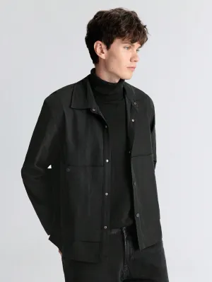 Ontre Men's Black Loose Solid Color Front Buttons Long Sleeve Pocket Simple Casual Jacket Coat, Versatile For New Year, Holidays, Casual Wear