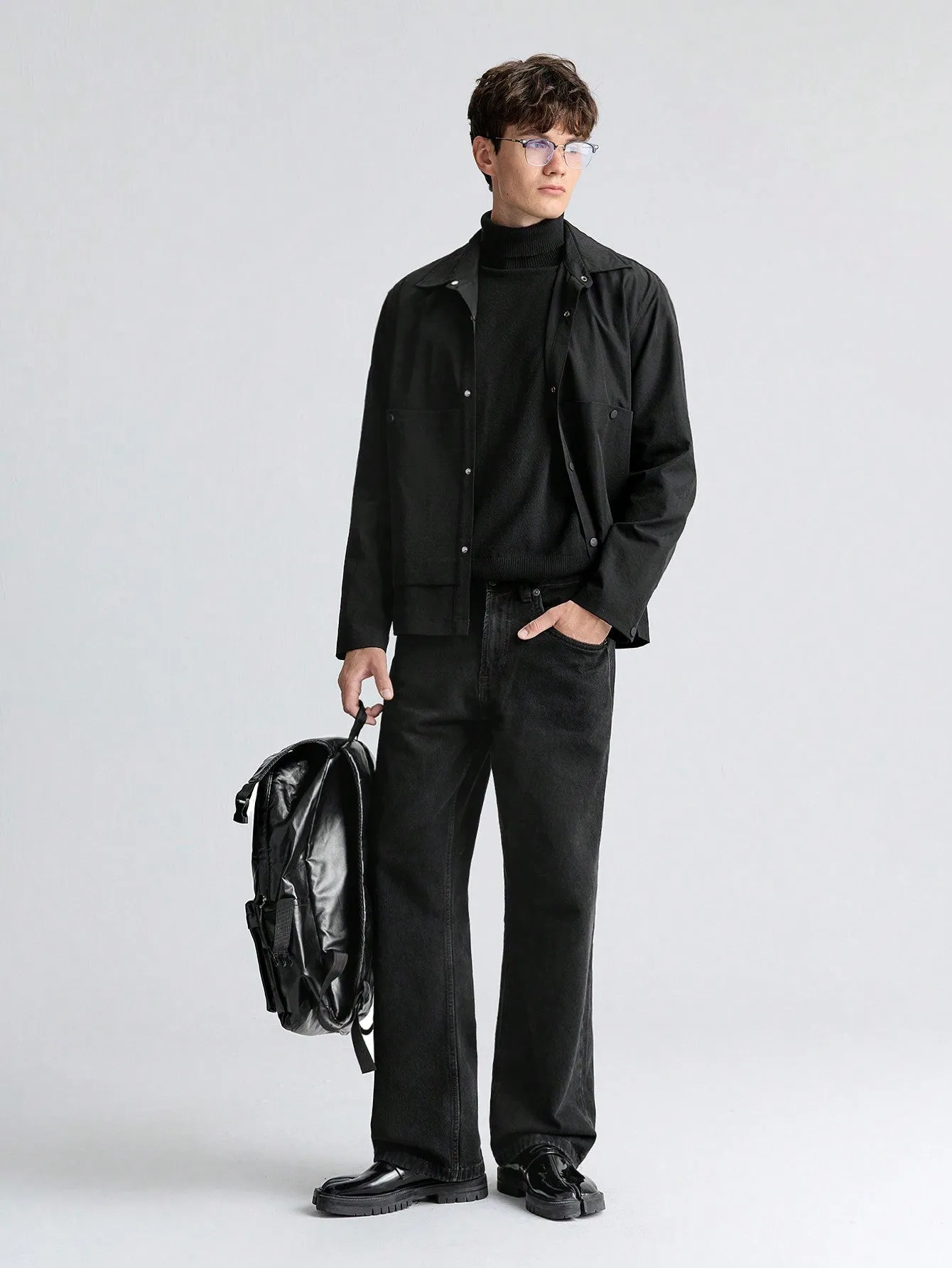 Ontre Men's Black Loose Solid Color Front Buttons Long Sleeve Pocket Simple Casual Jacket Coat, Versatile For New Year, Holidays, Casual Wear