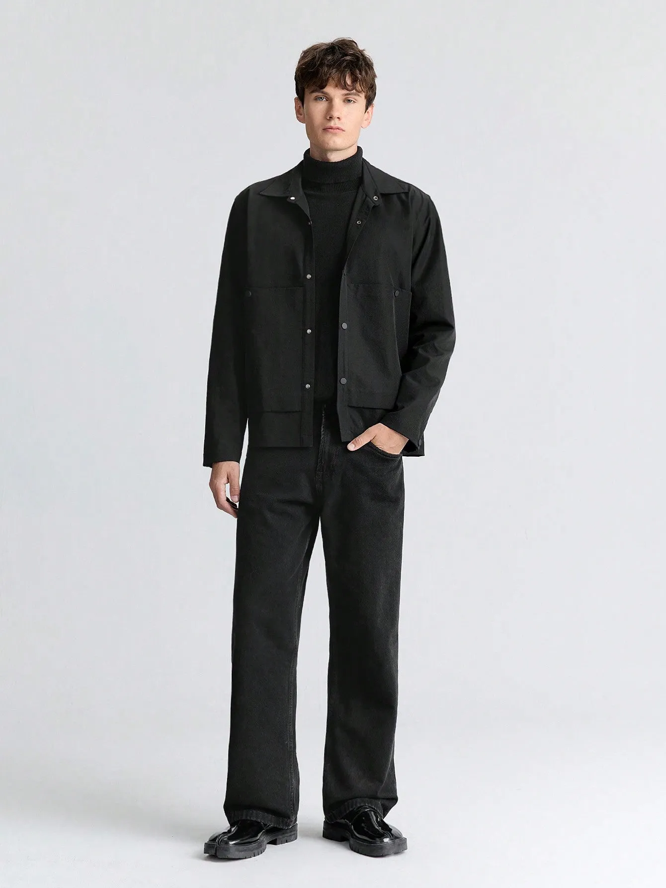 Ontre Men's Black Loose Solid Color Front Buttons Long Sleeve Pocket Simple Casual Jacket Coat, Versatile For New Year, Holidays, Casual Wear