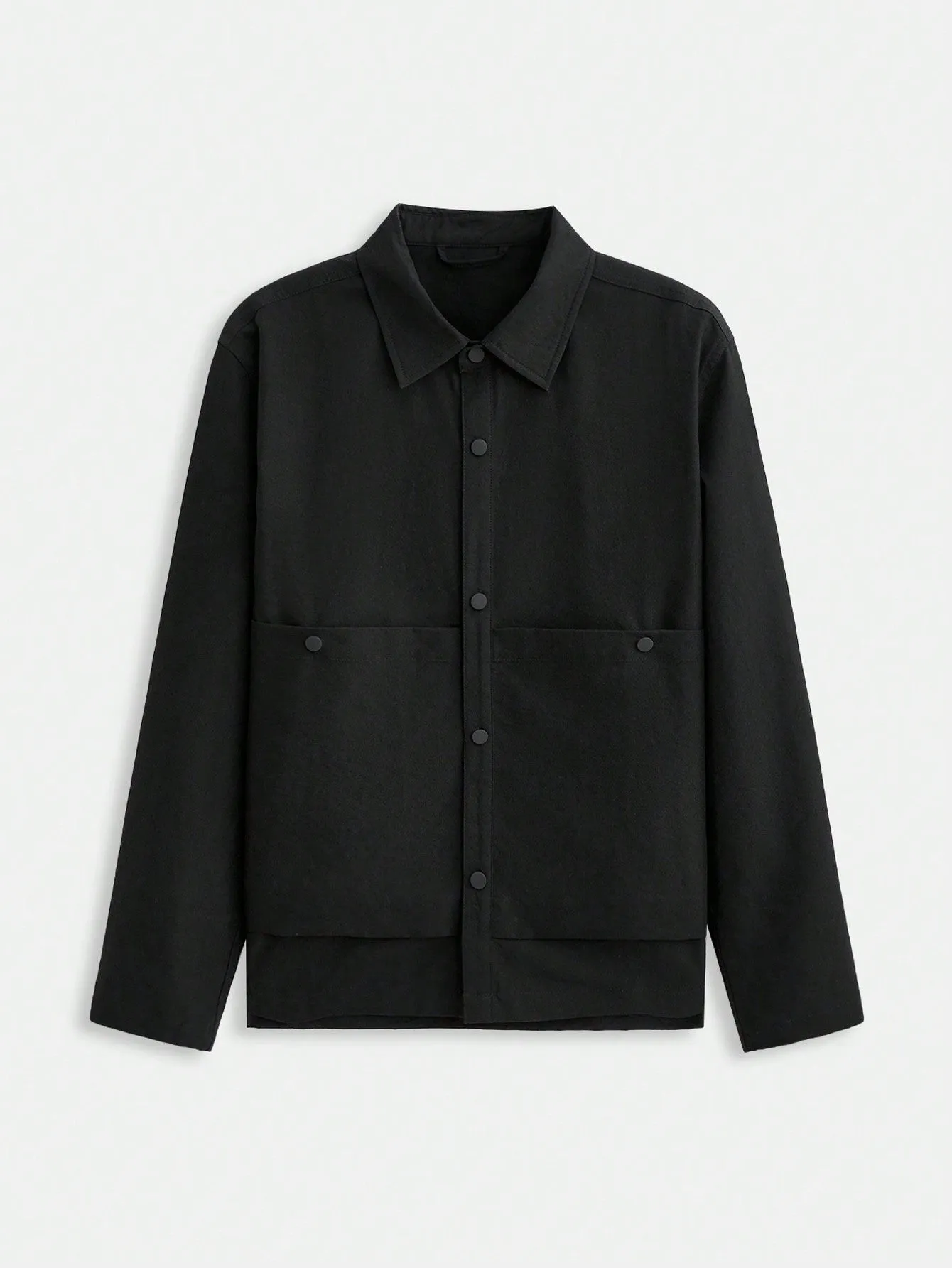 Ontre Men's Black Loose Solid Color Front Buttons Long Sleeve Pocket Simple Casual Jacket Coat, Versatile For New Year, Holidays, Casual Wear