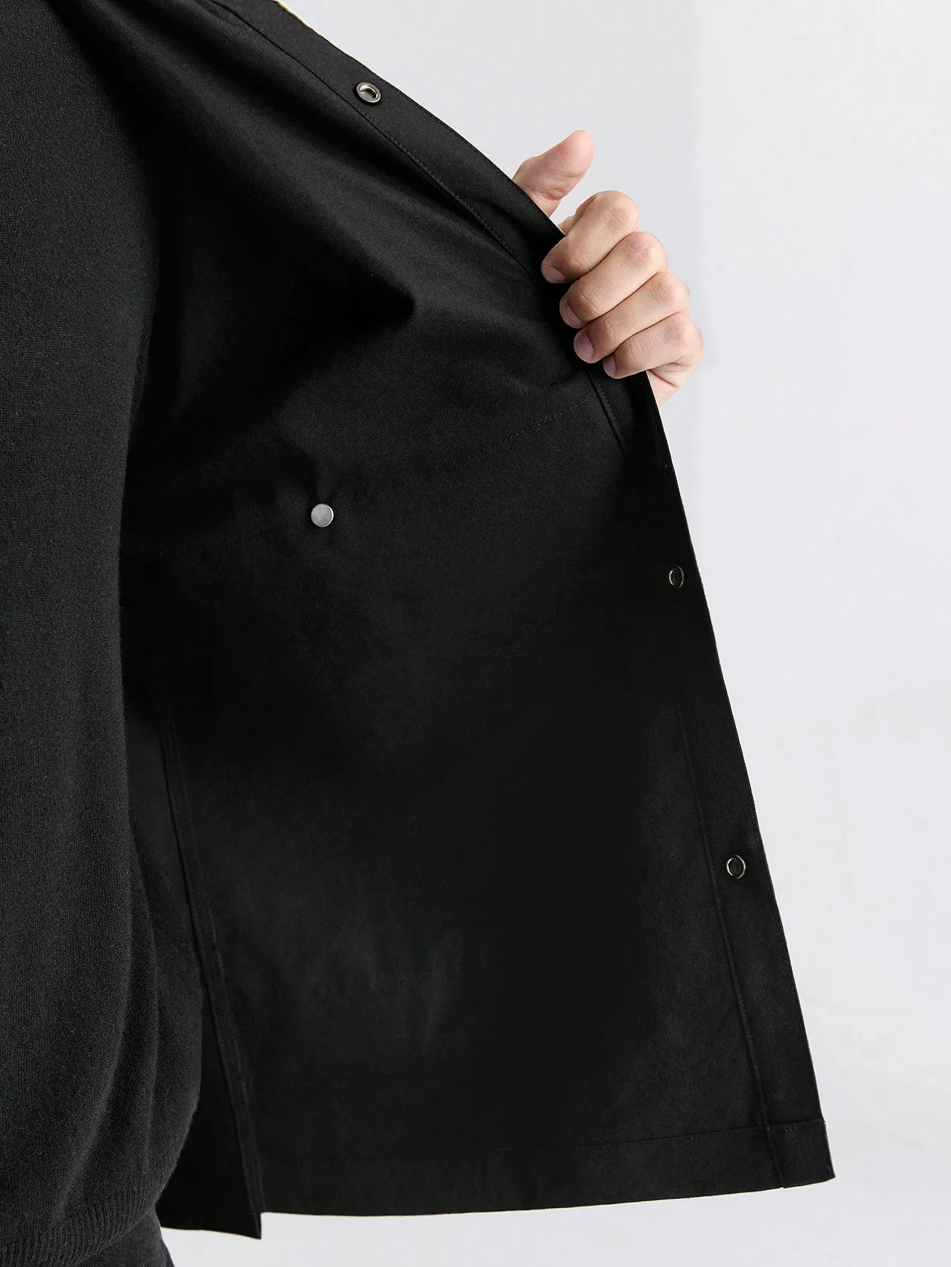 Ontre Men's Black Loose Solid Color Front Buttons Long Sleeve Pocket Simple Casual Jacket Coat, Versatile For New Year, Holidays, Casual Wear