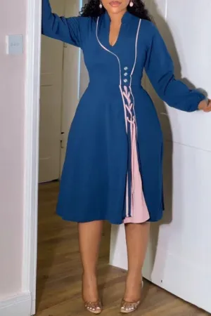 Patchwork Hit Color Feminine Lace-Up Midi Dress