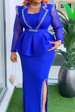 Patchwork Rhinestone Feminine Peplum Side Slit Maxi Dress