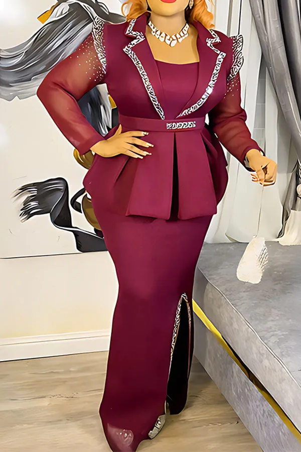 Patchwork Rhinestone Feminine Peplum Side Slit Maxi Dress