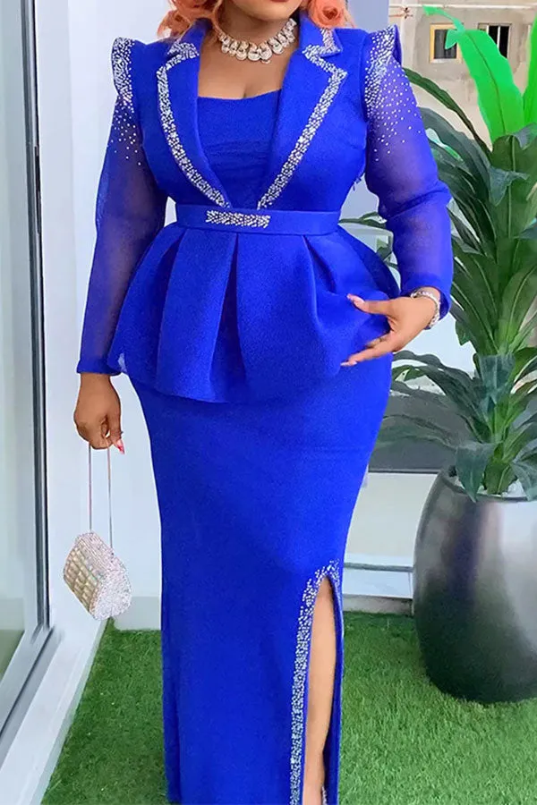 Patchwork Rhinestone Feminine Peplum Side Slit Maxi Dress