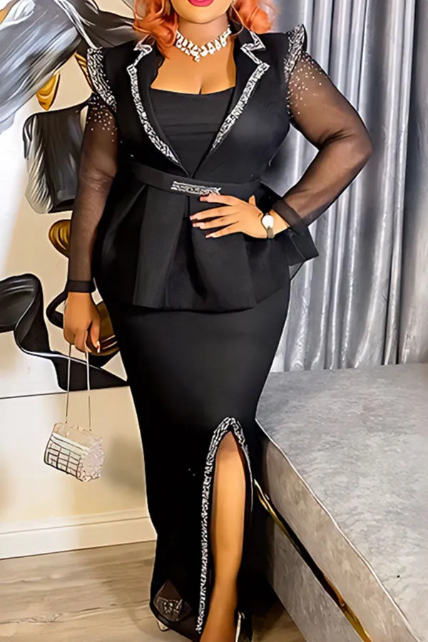 Patchwork Rhinestone Feminine Peplum Side Slit Maxi Dress
