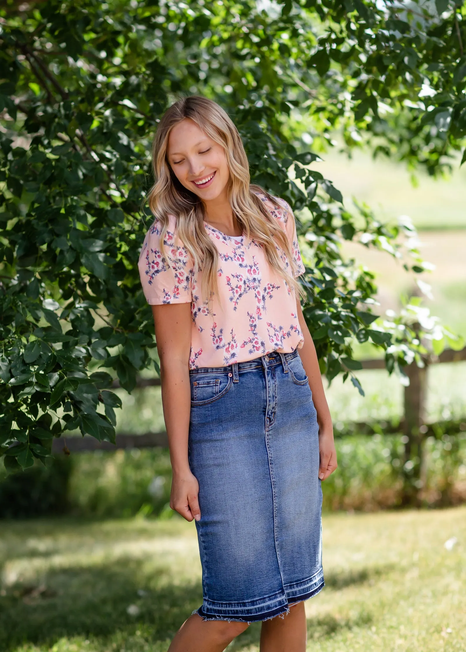 Peach Classic V-Neck Floral Tee - FINAL SALE
