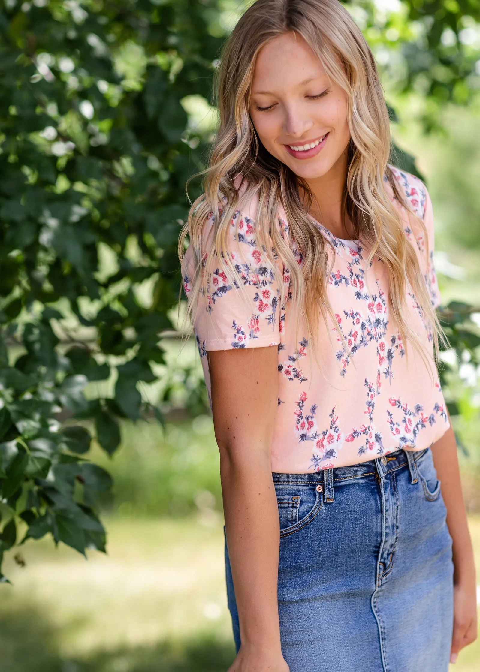 Peach Classic V-Neck Floral Tee - FINAL SALE