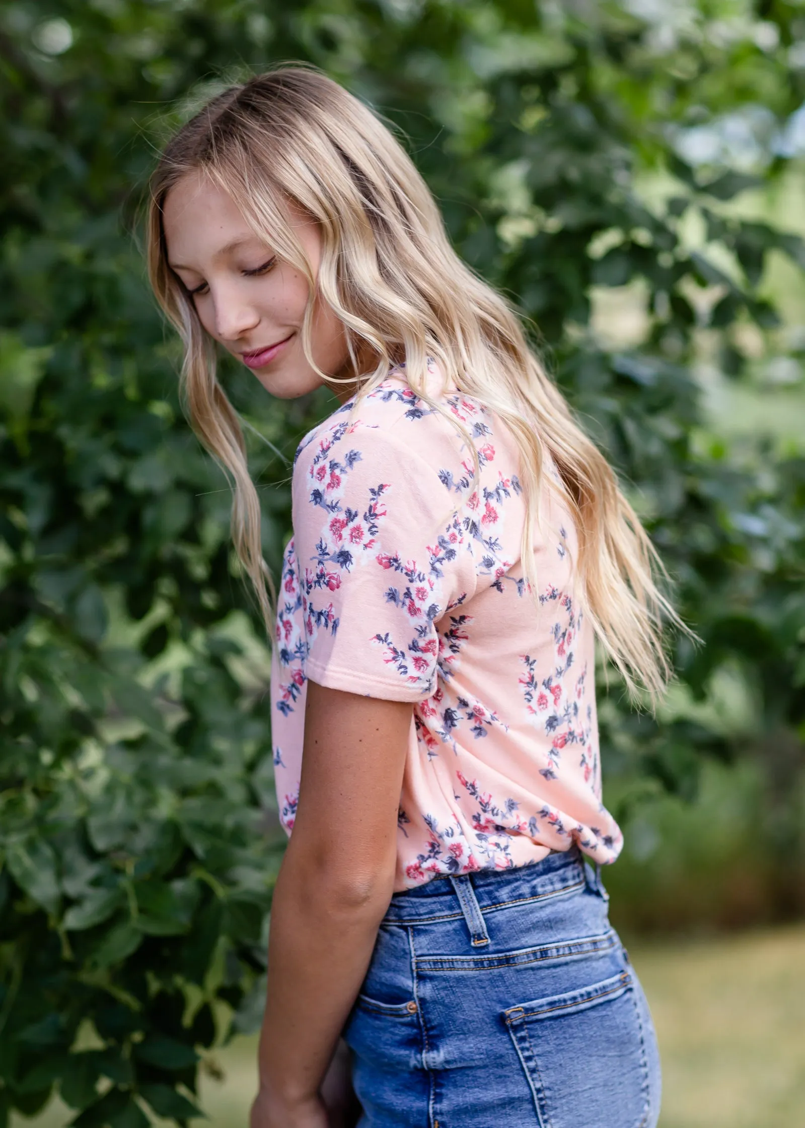 Peach Classic V-Neck Floral Tee - FINAL SALE