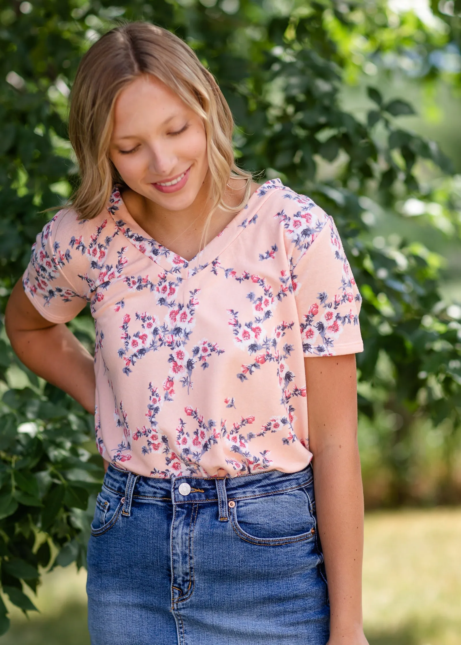 Peach Classic V-Neck Floral Tee - FINAL SALE