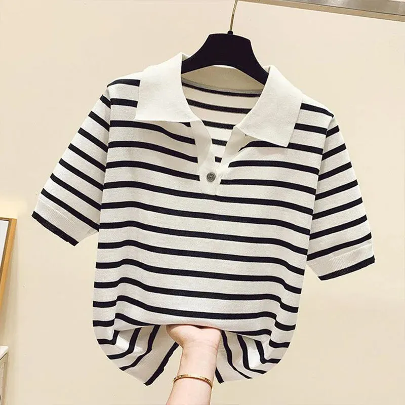 Polo-neck Striped Short Sleeve T-shirts