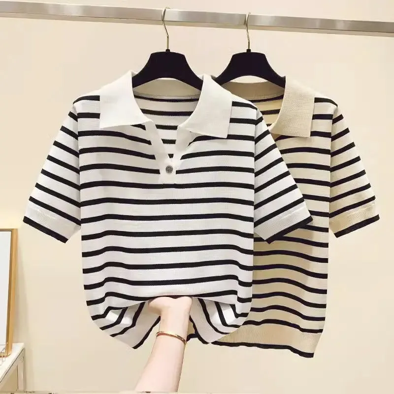 Polo-neck Striped Short Sleeve T-shirts