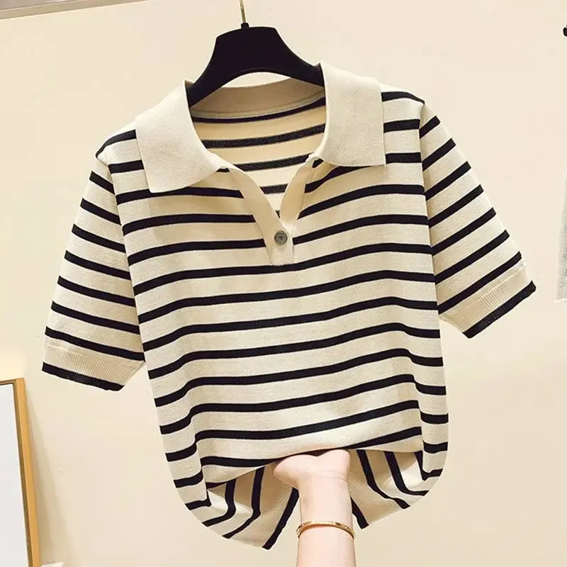 Polo-neck Striped Short Sleeve T-shirts