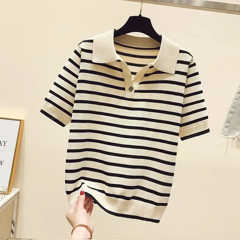 Polo-neck Striped Short Sleeve T-shirts