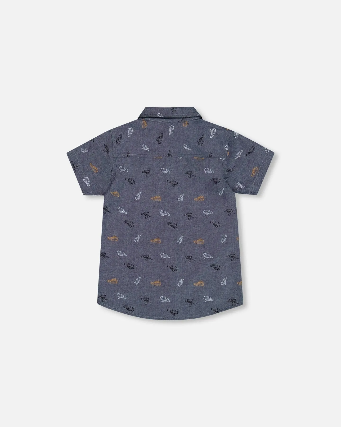 Printed Chambray Short Sleeve Shirt Gray, White And Tan