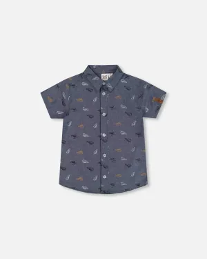 Printed Chambray Short Sleeve Shirt Gray, White And Tan