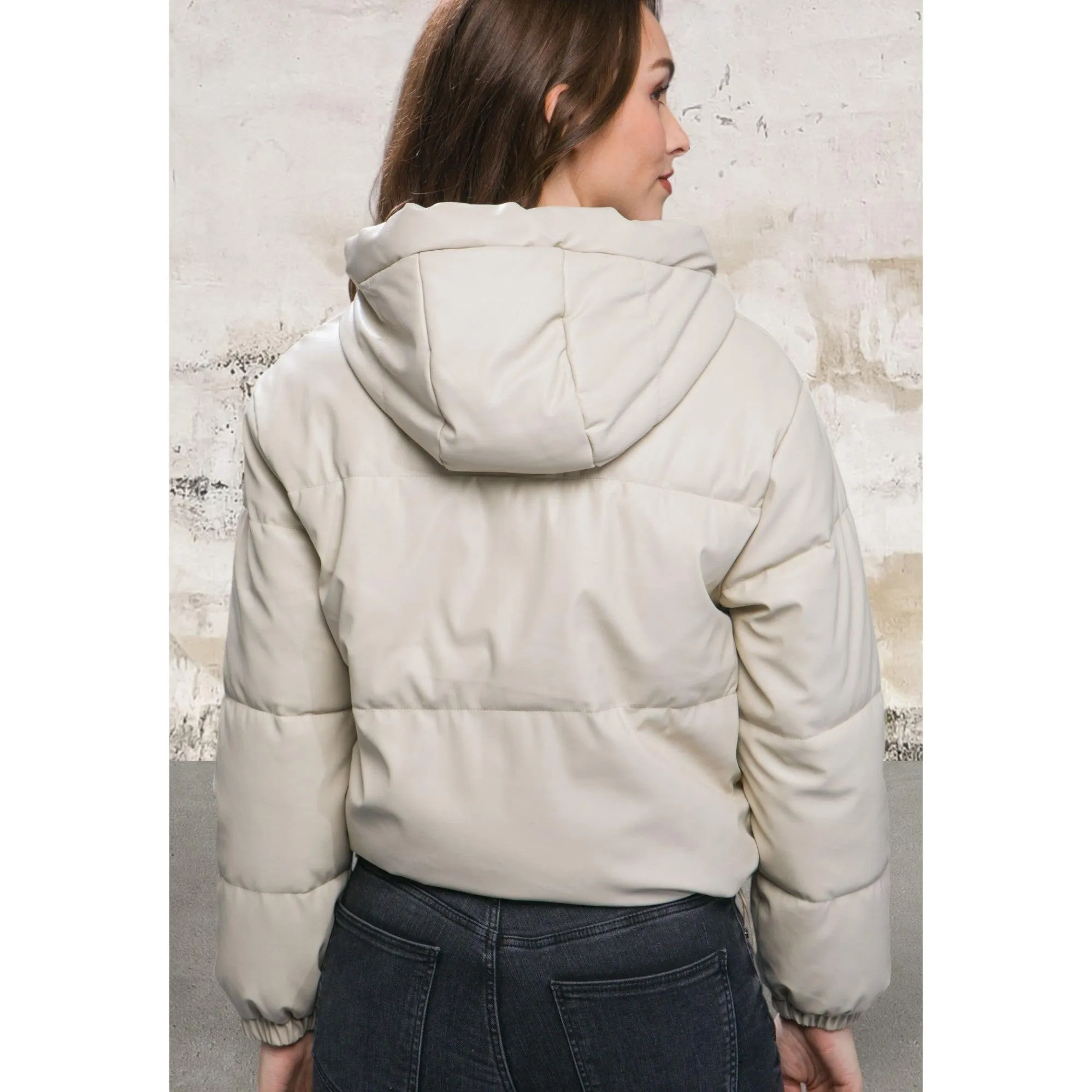 Pu Faux Leather Zipper Cream Hooded Puffer Jacket