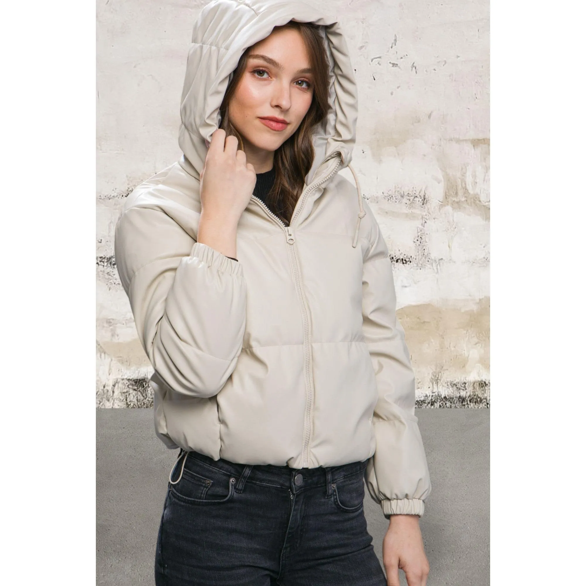 Pu Faux Leather Zipper Cream Hooded Puffer Jacket