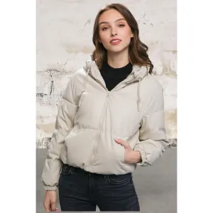 Pu Faux Leather Zipper Cream Hooded Puffer Jacket