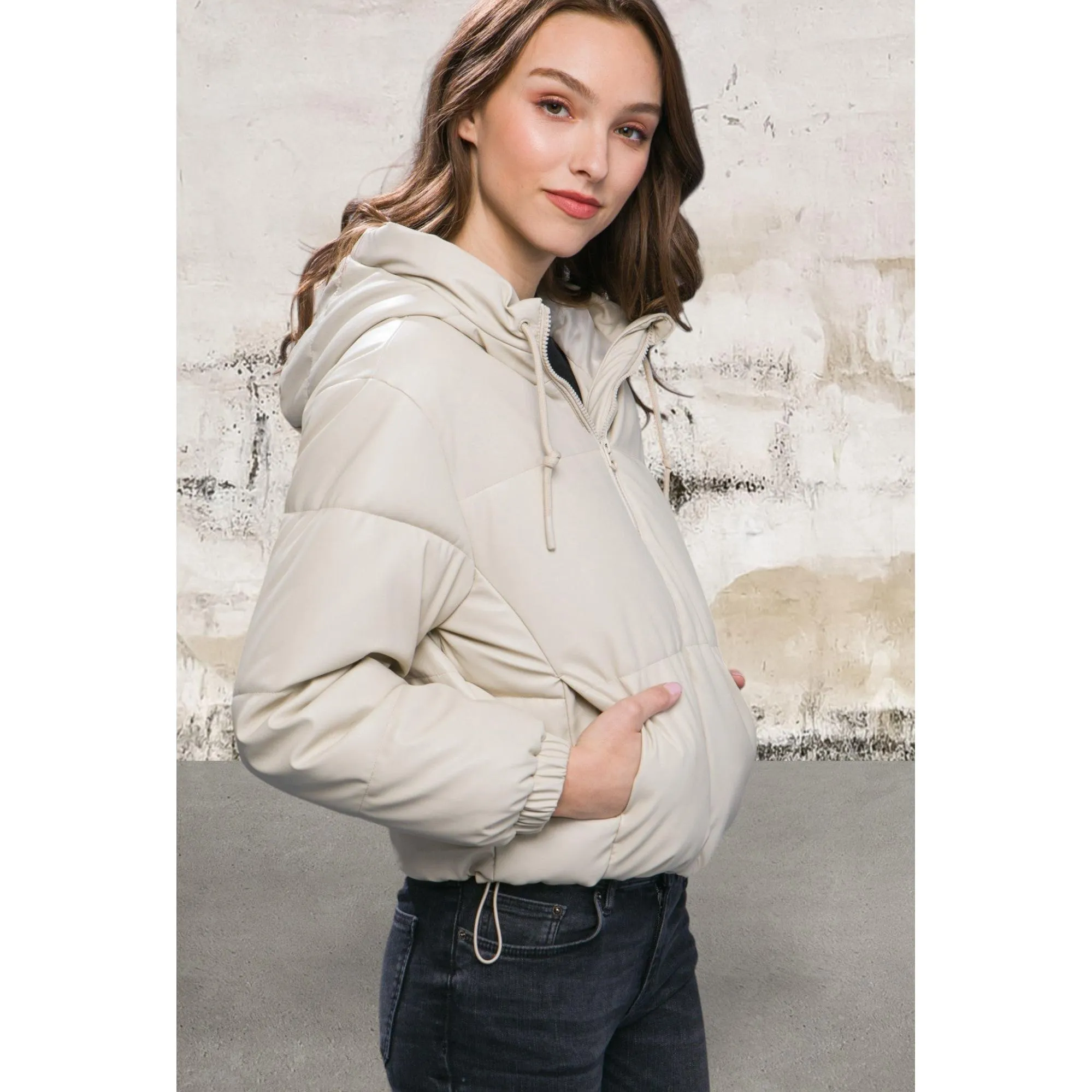Pu Faux Leather Zipper Cream Hooded Puffer Jacket