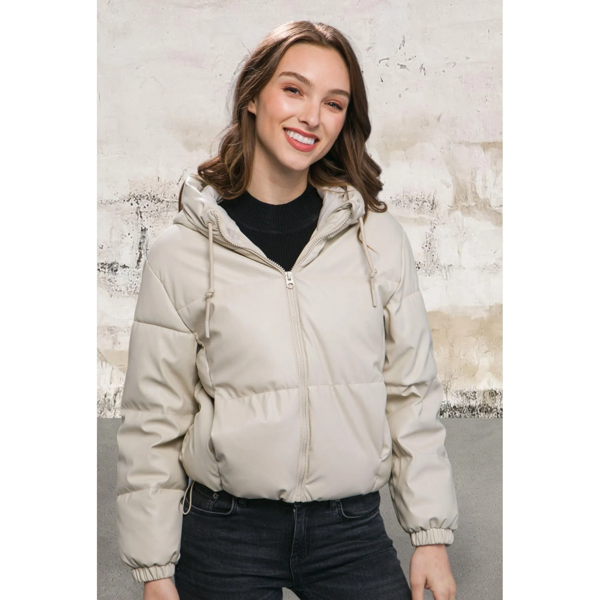 Pu Faux Leather Zipper Cream Hooded Puffer Jacket