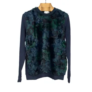 "Chestnut" jumper in navy chenille with blue, green, and navy faux-fur chest panel