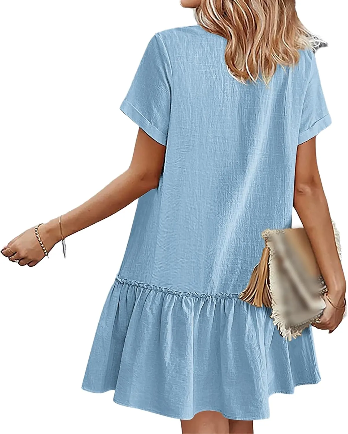 Short Sleeve Button Down Midi Dress for Women Summer V Neck A Line Beach Casual Dresses Mini T Shirt Ruffle Sundress