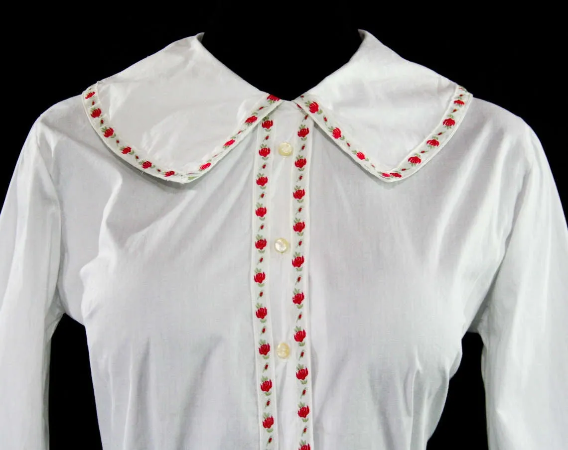 Size 14 1950s White Cotton Shirt with Scarlet Flowers - Large 50s Tailored Blouse - Red Brocade Ribbon - 3/4 Sleeves - Quaint Summer Top