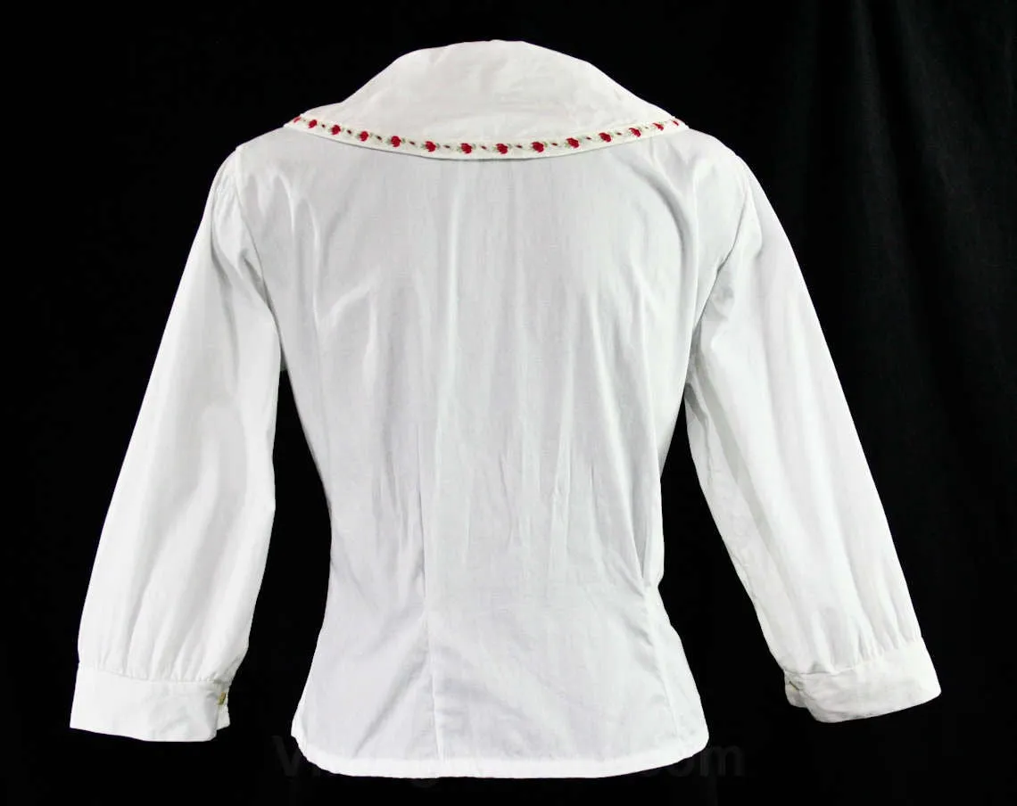 Size 14 1950s White Cotton Shirt with Scarlet Flowers - Large 50s Tailored Blouse - Red Brocade Ribbon - 3/4 Sleeves - Quaint Summer Top