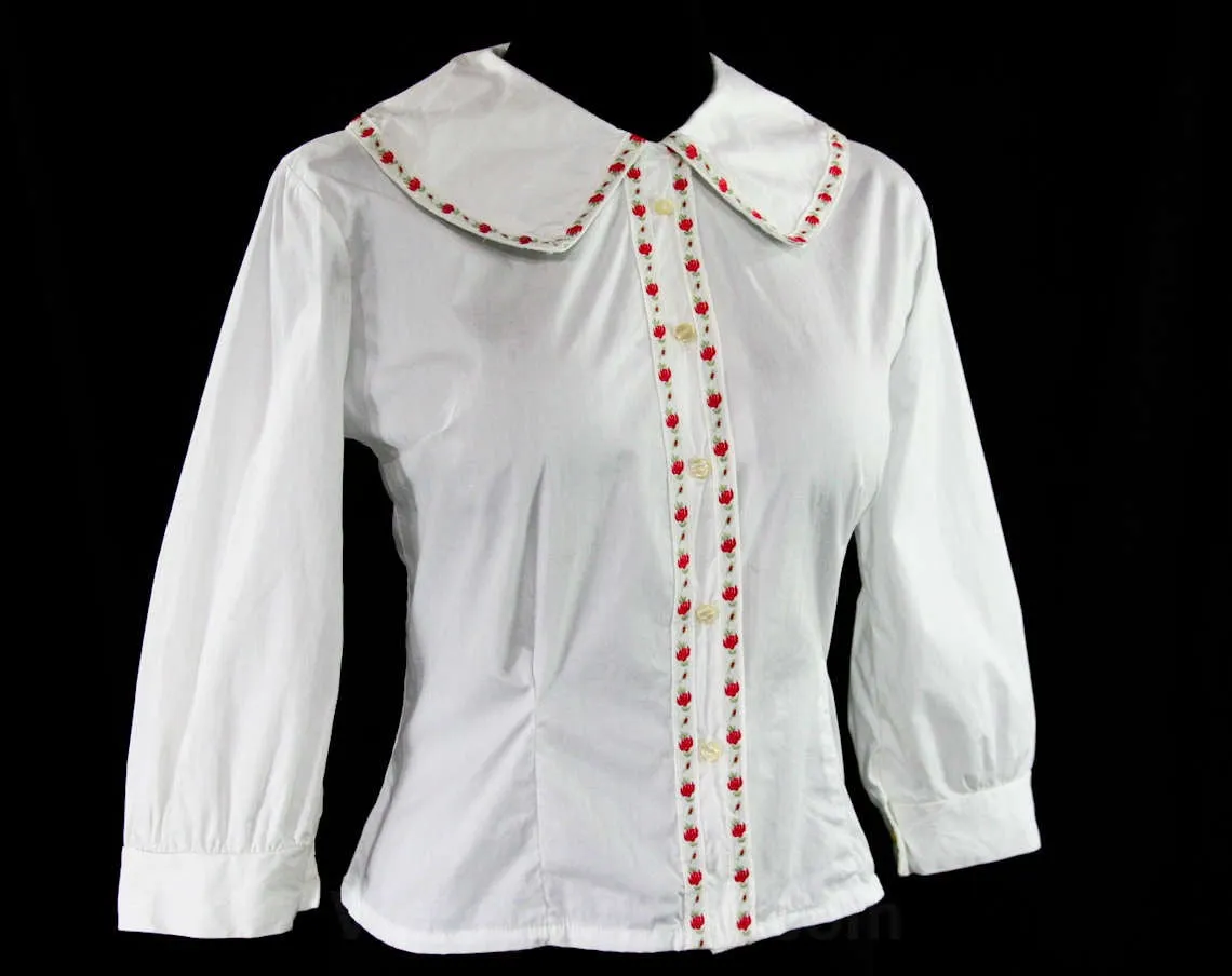 Size 14 1950s White Cotton Shirt with Scarlet Flowers - Large 50s Tailored Blouse - Red Brocade Ribbon - 3/4 Sleeves - Quaint Summer Top