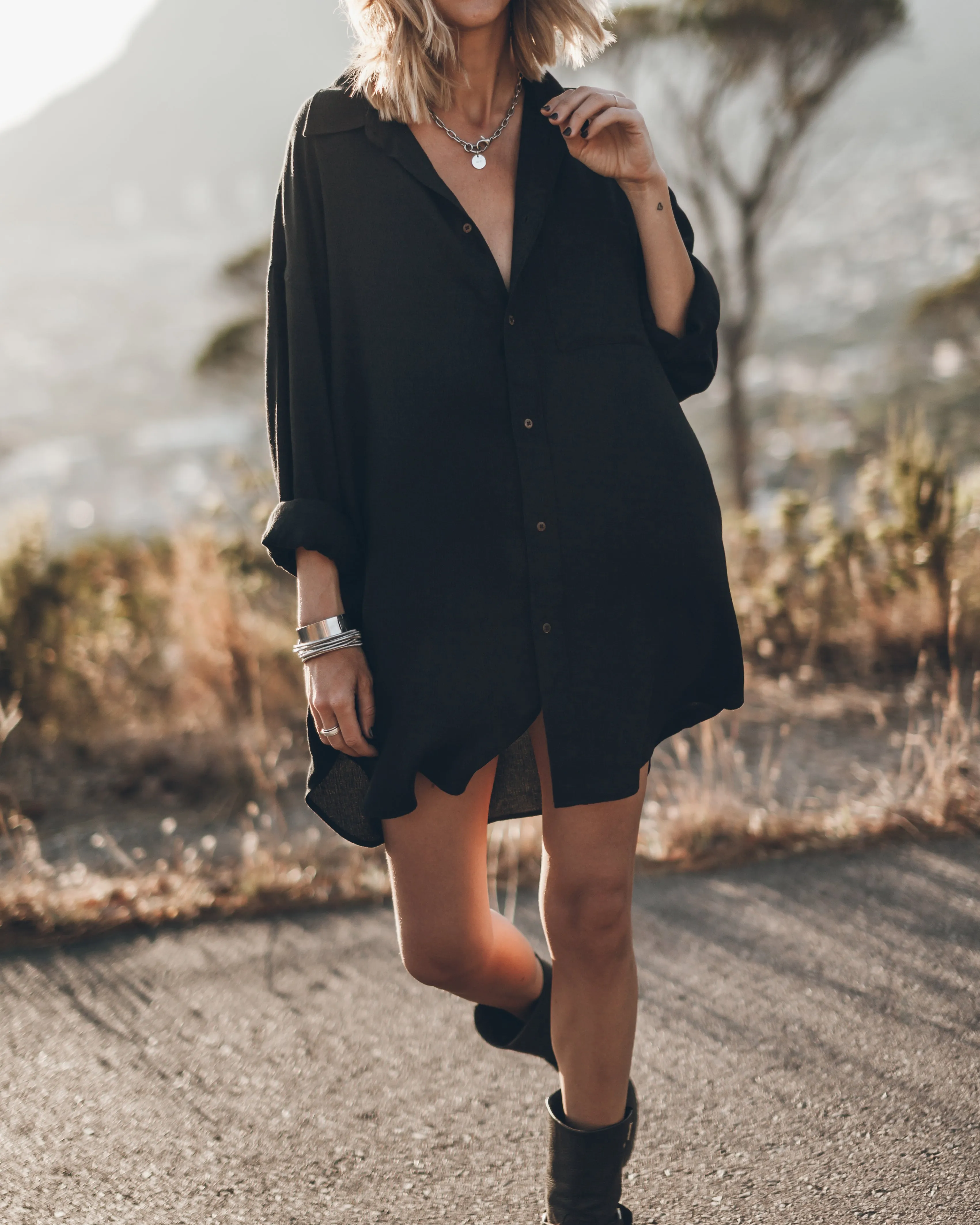 The Black Flowy Shirt Dress