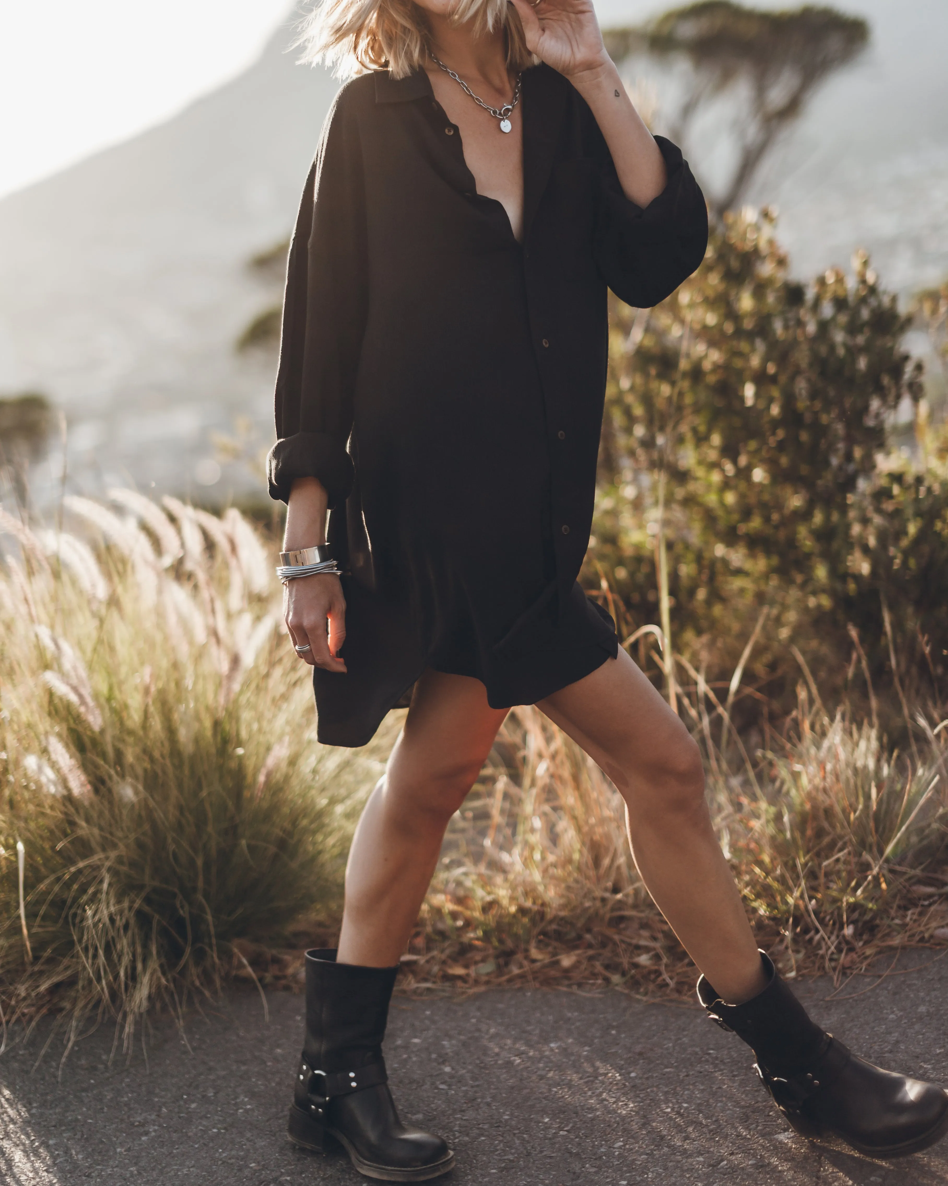 The Black Flowy Shirt Dress