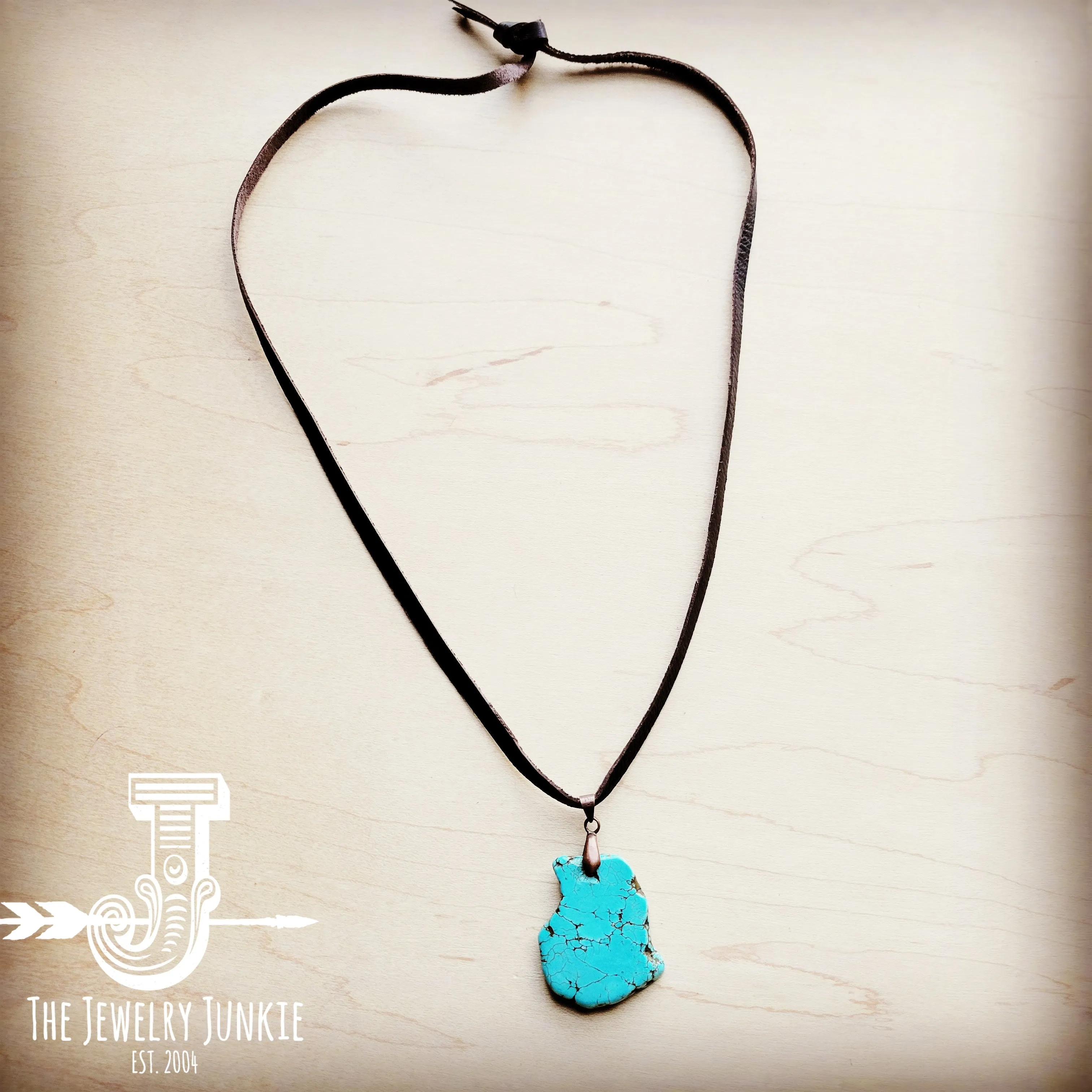**Turquoise Slab Pendant on Leather Cord Necklace 254d