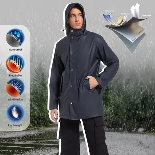 UNIQUEBELLA Men's Rain Jacket with Hooded Waterproof Active Long Raincoat Classic Rain Coats Windbreaker for Hiking Camping
