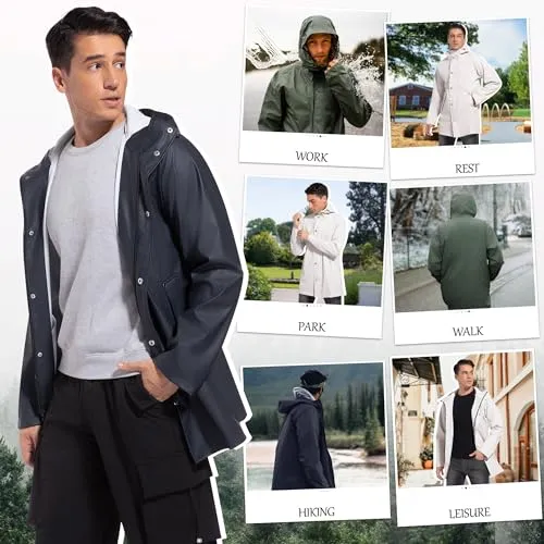 UNIQUEBELLA Men's Rain Jacket with Hooded Waterproof Active Long Raincoat Classic Rain Coats Windbreaker for Hiking Camping