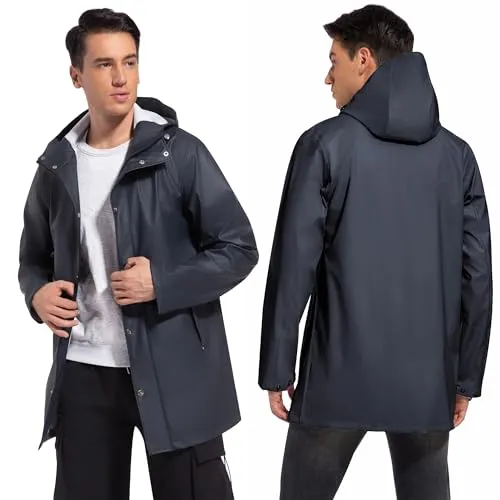 UNIQUEBELLA Men's Rain Jacket with Hooded Waterproof Active Long Raincoat Classic Rain Coats Windbreaker for Hiking Camping
