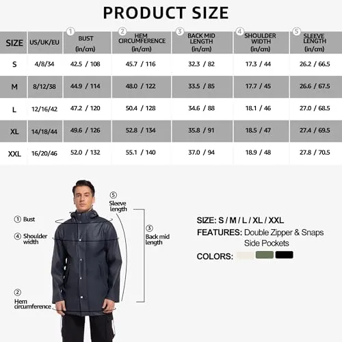 UNIQUEBELLA Men's Rain Jacket with Hooded Waterproof Active Long Raincoat Classic Rain Coats Windbreaker for Hiking Camping