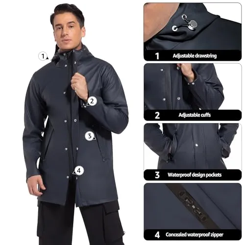 UNIQUEBELLA Men's Rain Jacket with Hooded Waterproof Active Long Raincoat Classic Rain Coats Windbreaker for Hiking Camping